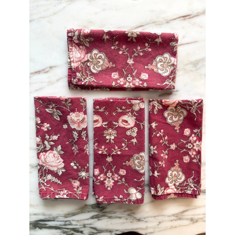 Vintage Burgundy Floral Cloth Napkins Set of 4 Cottagecore Table Linens